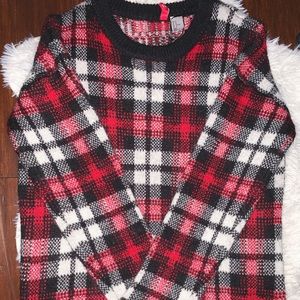 large red and black plaid sweater